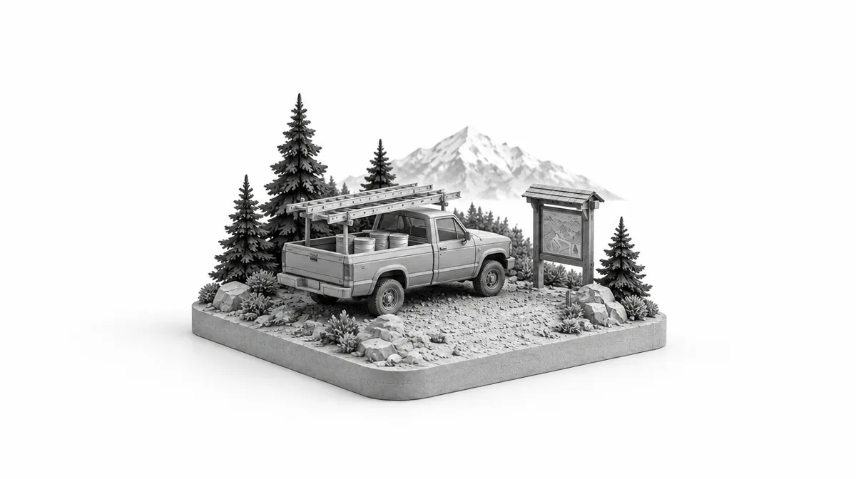 Miniature of a pickup with ladders on the rack, parked at a trailhead under a snow-capped peak