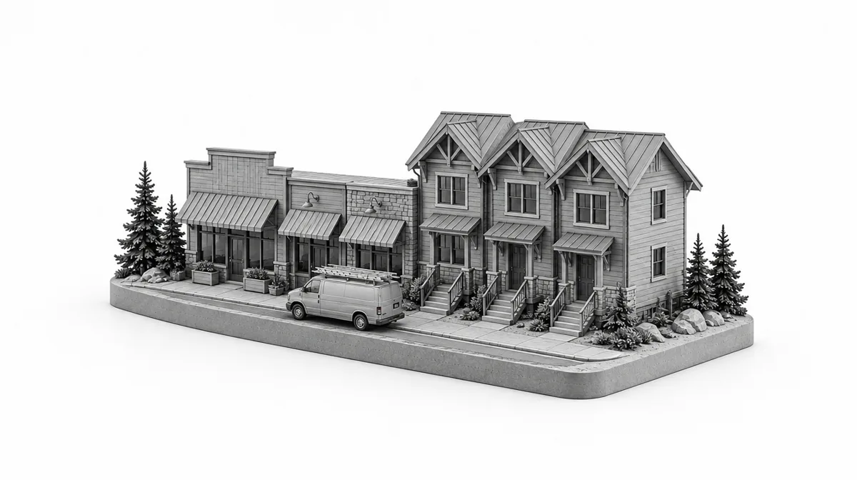 Miniature of a row of mountain-town storefronts and a townhome building with a work van parked in front