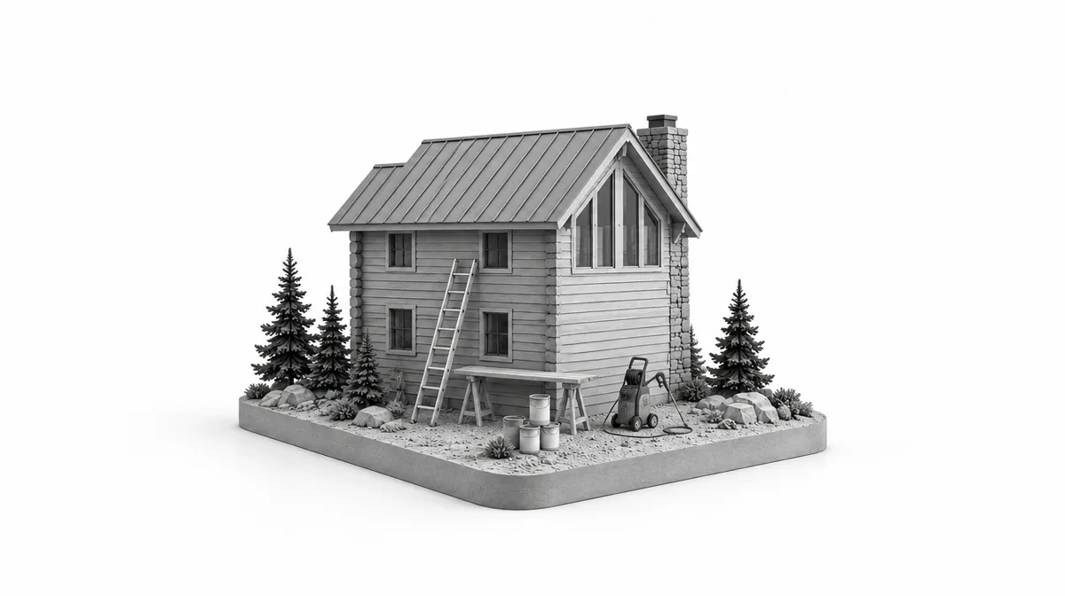 Miniature of the side of a mountain home with an extension ladder, a scaffold plank, a pressure washer and paint cans
