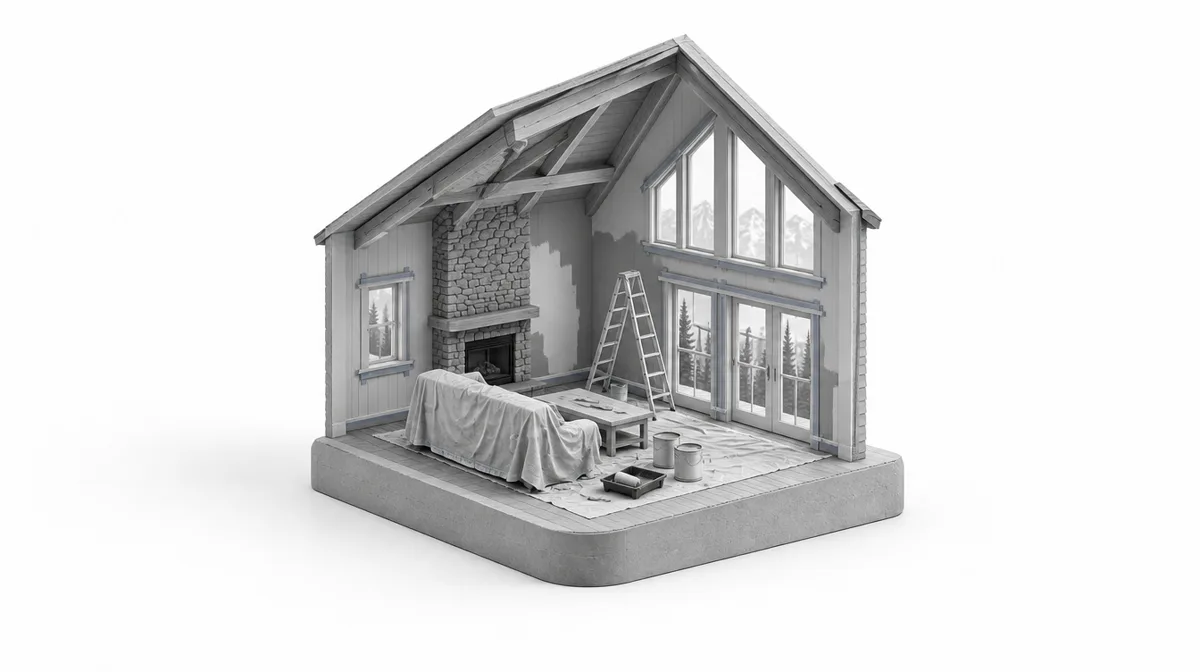 Miniature cutaway of a mountain living room mid-repaint, drop cloths over the sofa and a stepladder by the window
